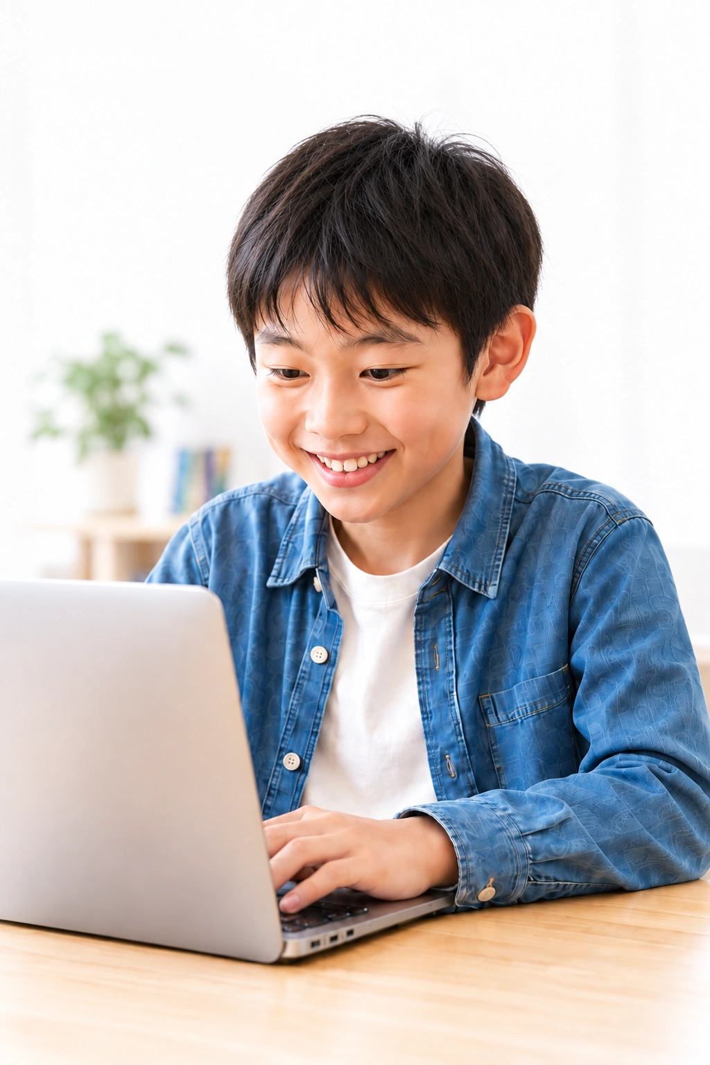笑顔でノートパソコンを使って学ぶ男の子