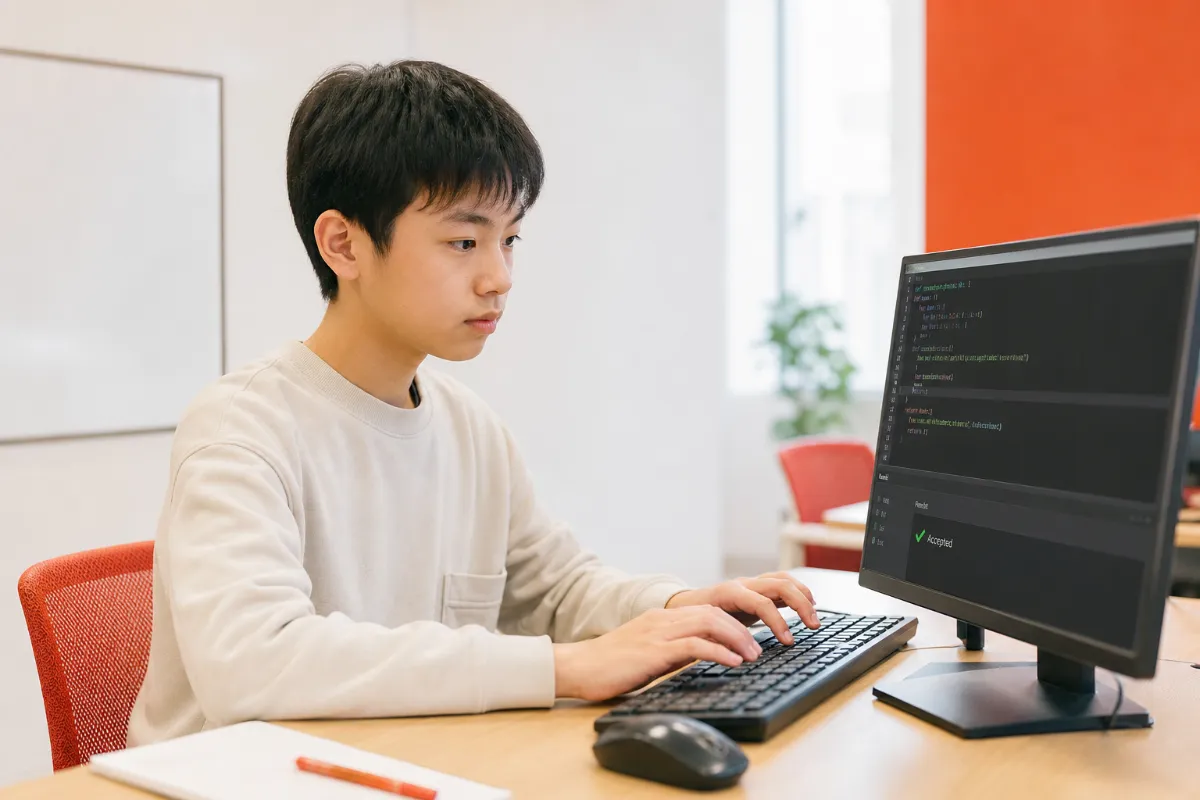 モニターに向かって競技プログラミングに取り組む男子学生
