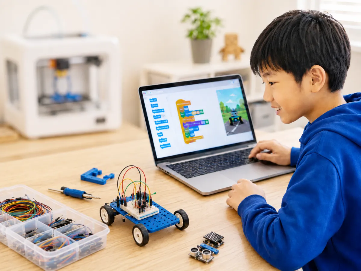 3Dプリンタと電子工作で作った車をプログラミングする男の子